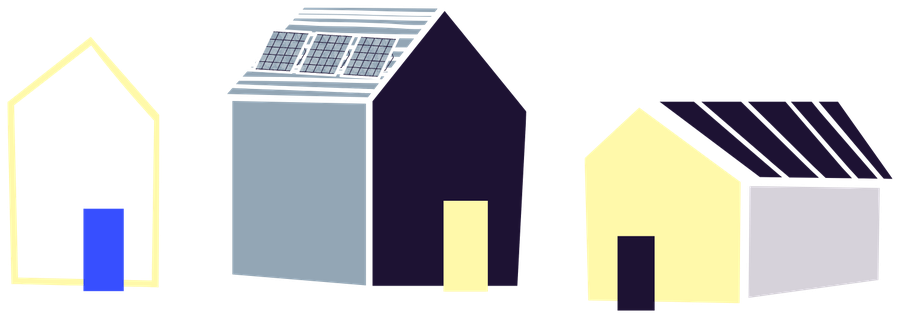 Illustration: Einfamilienhaus, Haus mit Photovoltaik und Gewerbehalle