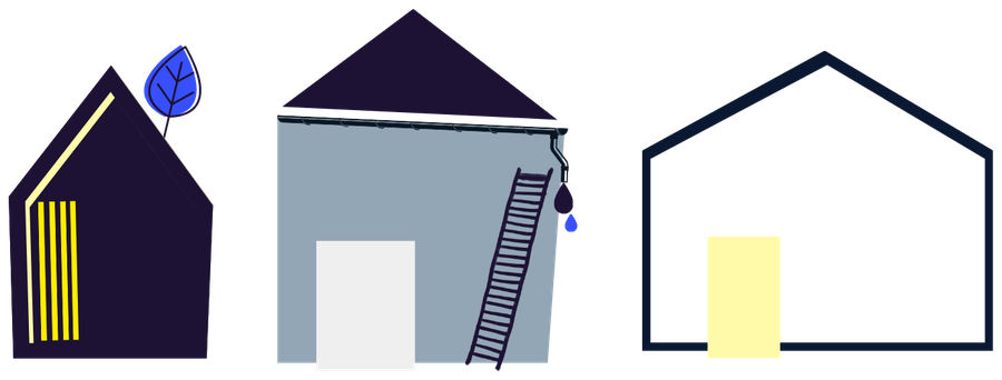 Illustration: begrüntes Haus, Gebäude mit Wartungsleiter und Industriedach