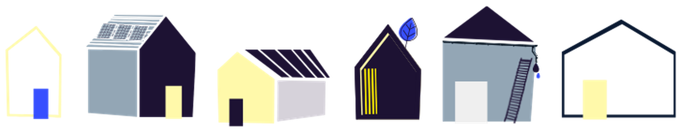 Illustration verschiedener Gebäudetypen — Einfamilienhaus, Gewerbehalle und Industriedach