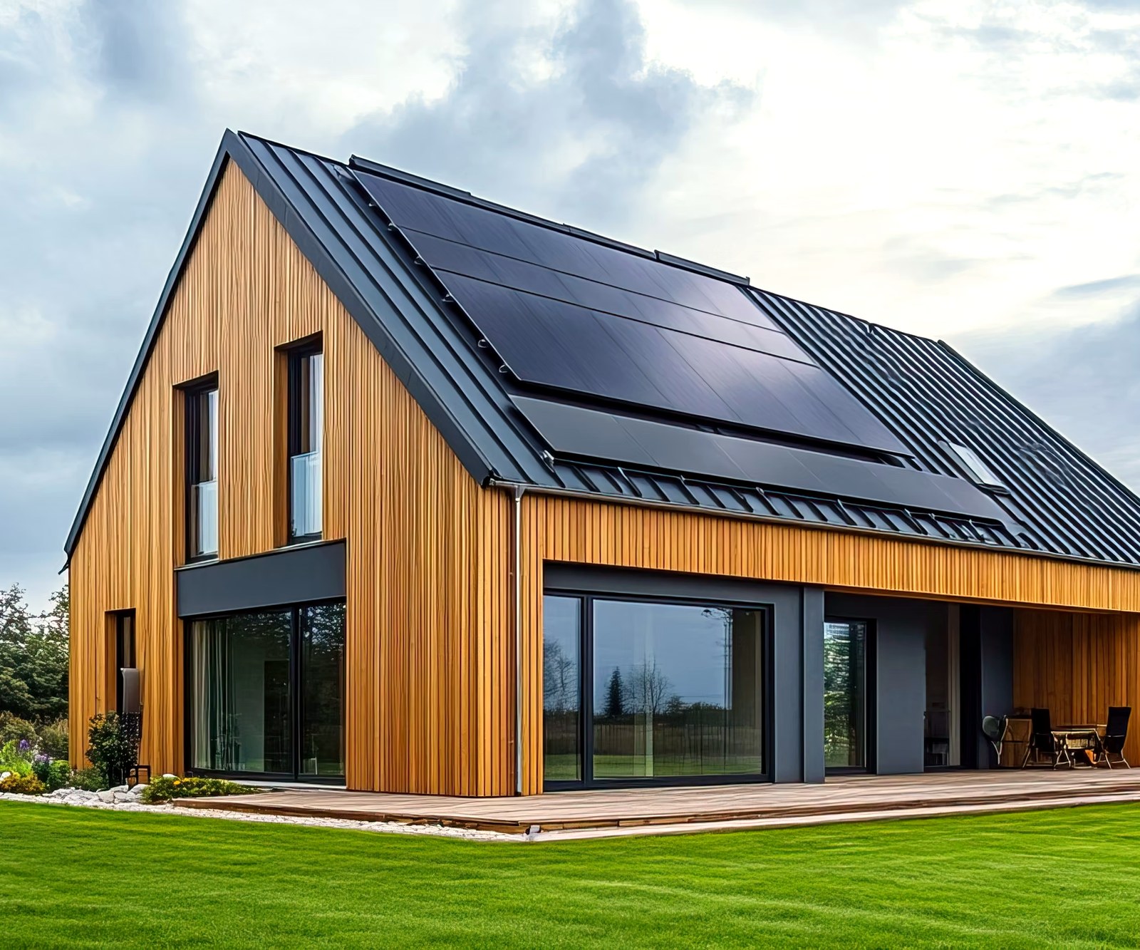 Modernes Wohnhaus mit Holzfassade und integrierter Photovoltaik-Anlage auf dem Satteldach